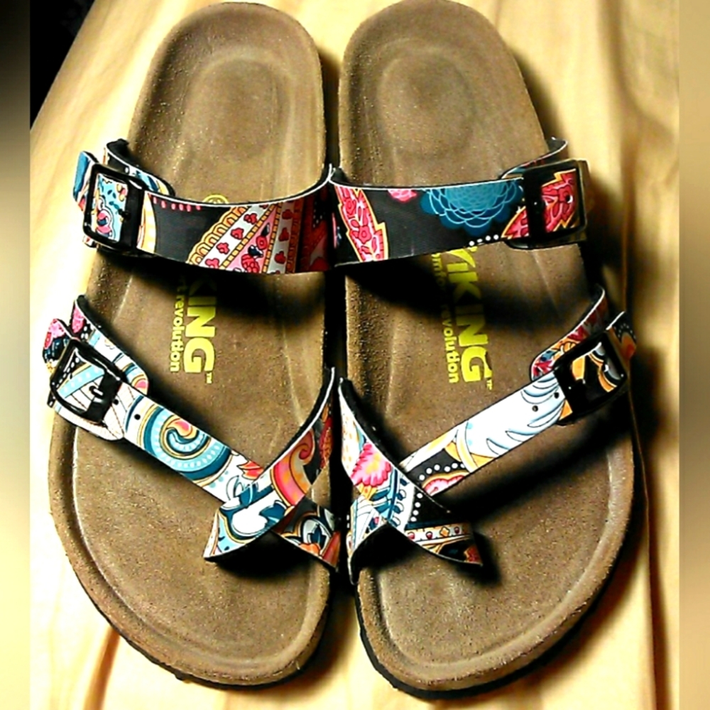 2 PAIR AVAIL. BEAUTIFUL LEATHER  BIRKENSTOCKS SZ. 36 FLORAL STRAPS (BUY 1 OR 2)